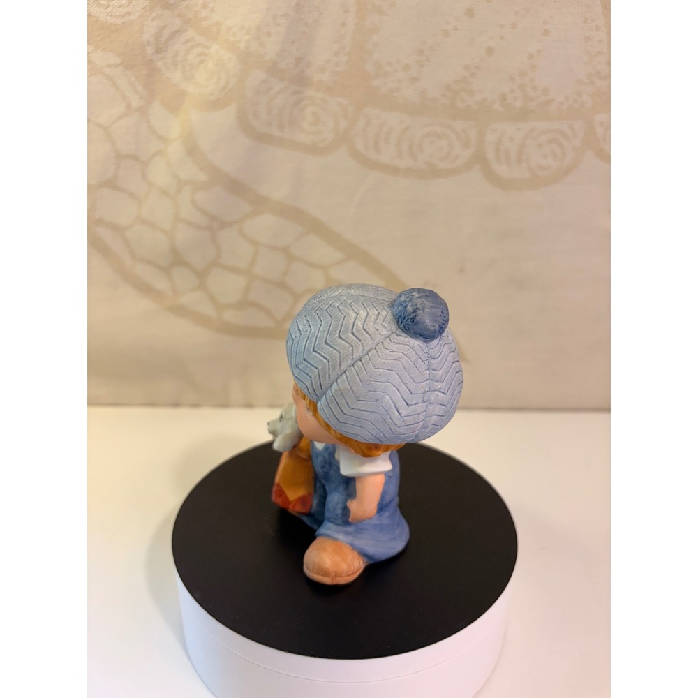 Vintage Boy with Dog Ceramic Figurine Blue Overalls Newsboy Cap K Satchel - Picture 2 of 5